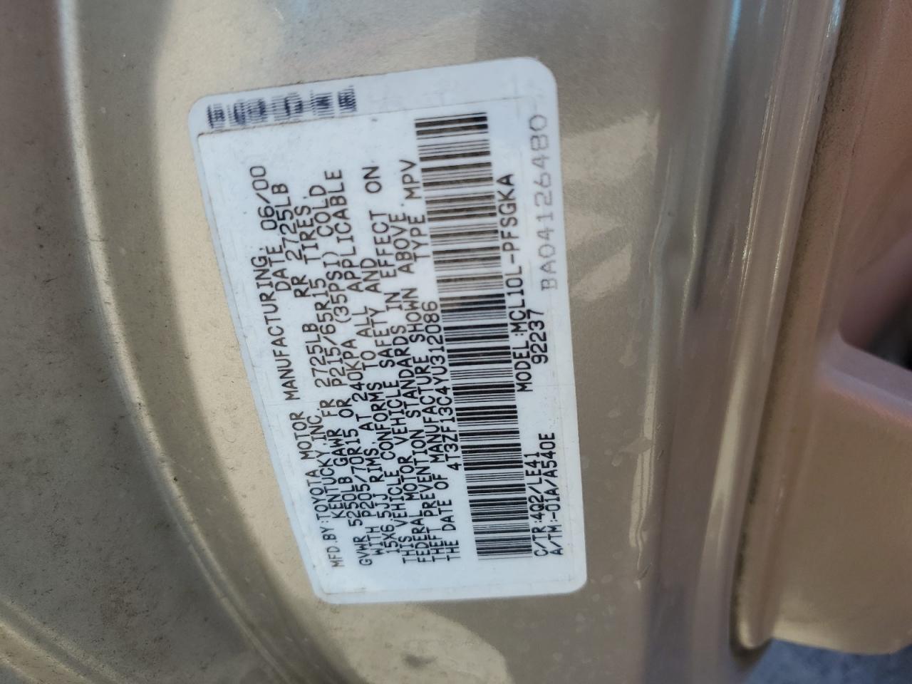 4T3ZF13C4YU312086 2000 Toyota Sienna Le