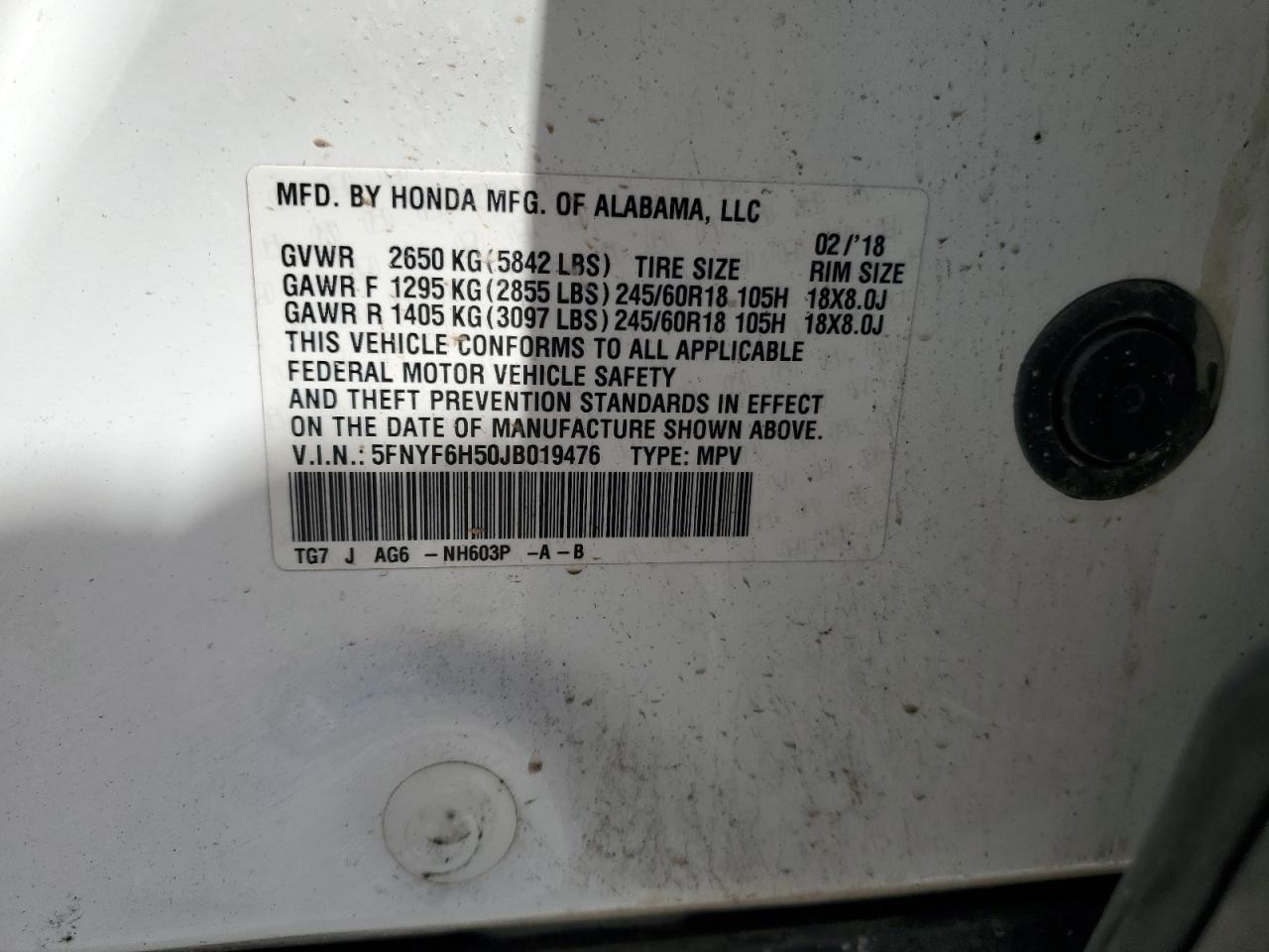 5FNYF6H50JB019476 2018 Honda Pilot Exl