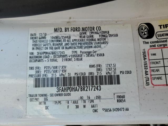 2011 Ford Fusion Se VIN: 3FAHP0HA7BR217243 Lot: 59240544