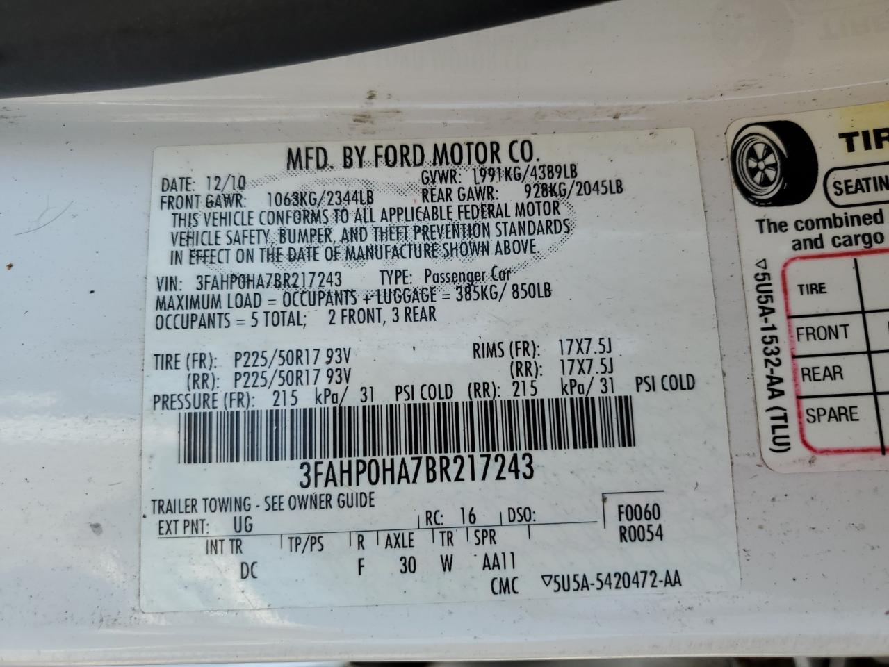 3FAHP0HA7BR217243 2011 Ford Fusion Se