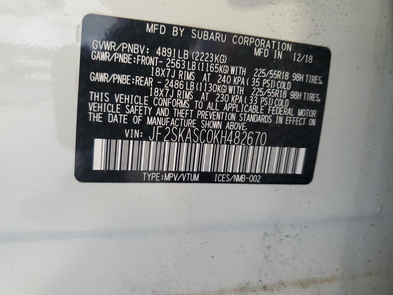 JF2SKASC0KH482670 2019 Subaru Forester Limited