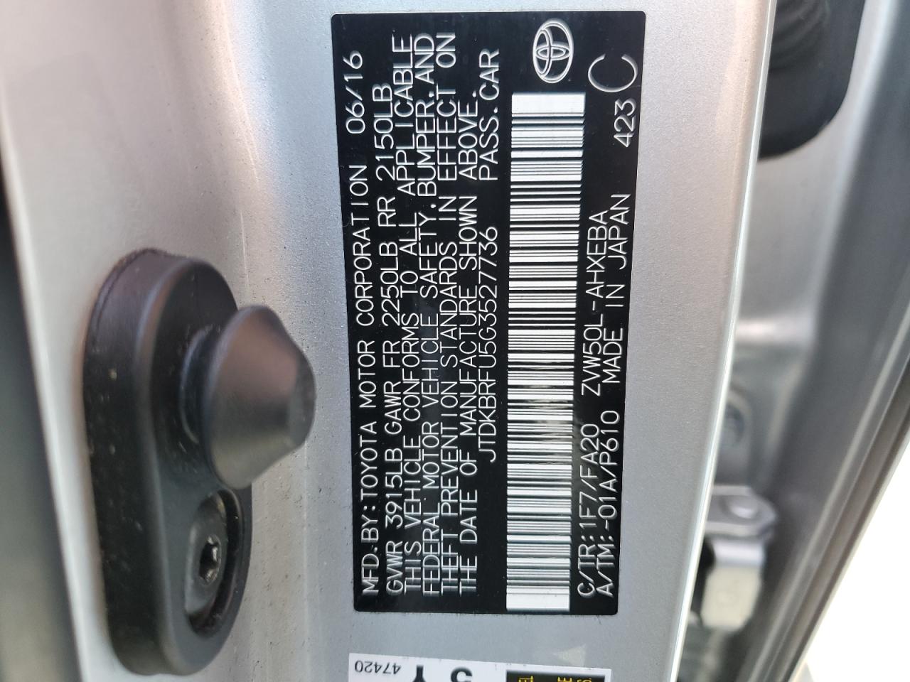 JTDKBRFU5G3527736 2016 Toyota Prius