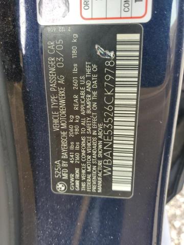2006 BMW 525 I VIN: WBANE53526CK79788 Lot: 59942084
