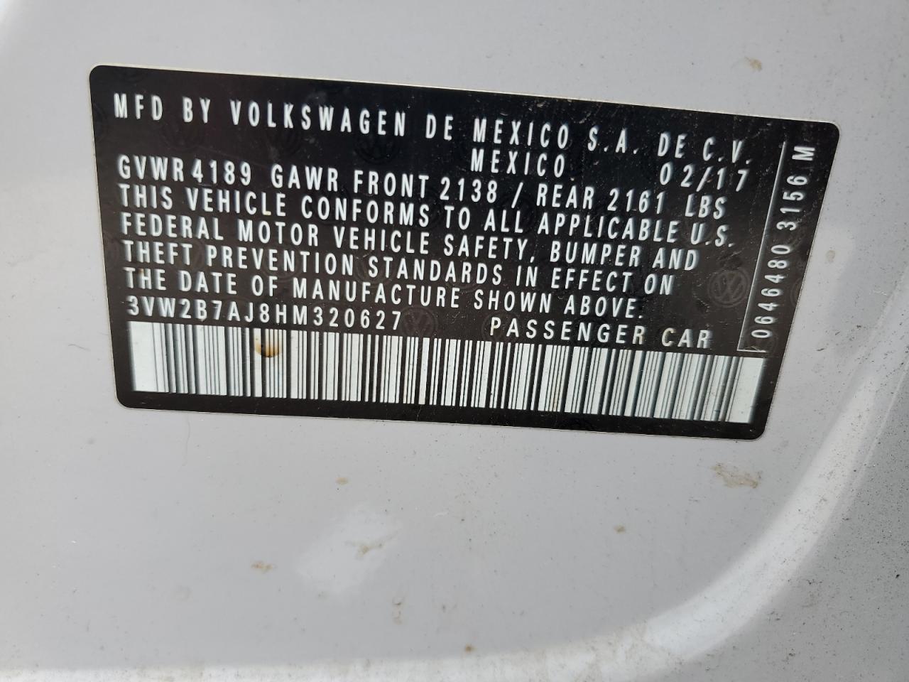 3VW2B7AJ8HM320627 2017 Volkswagen Jetta S