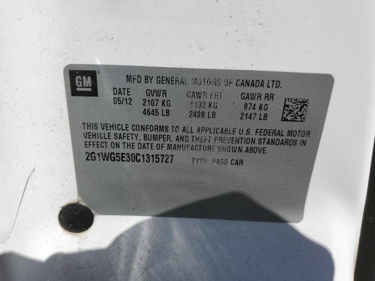 2G1WG5E30C1315727 2012 Chevrolet Impala Lt