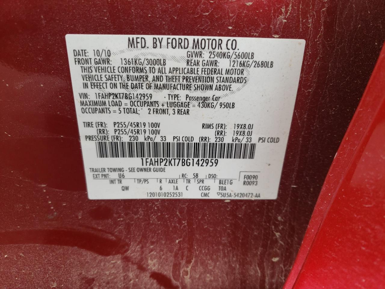 1FAHP2KT7BG142959 2011 Ford Taurus Sho