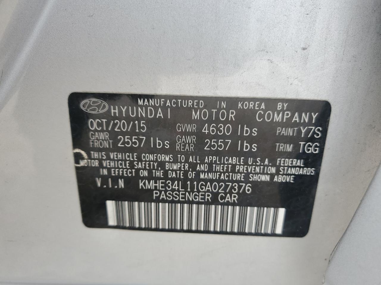 KMHE34L11GA027376 2016 Hyundai Sonata Hybrid