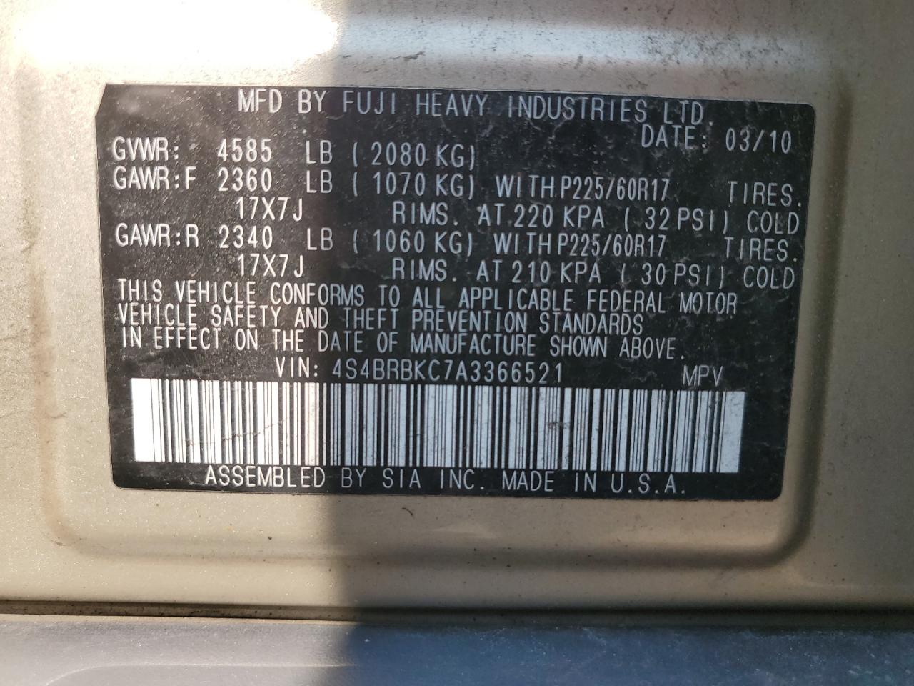 4S4BRBKC7A3366521 2010 Subaru Outback 2.5I Limited