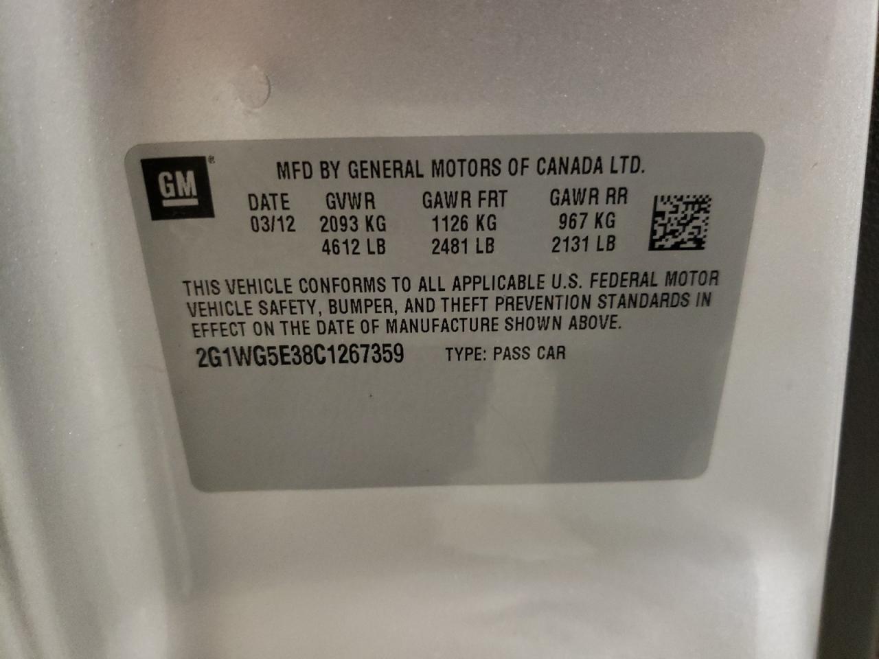 2G1WG5E38C1267359 2012 Chevrolet Impala Lt