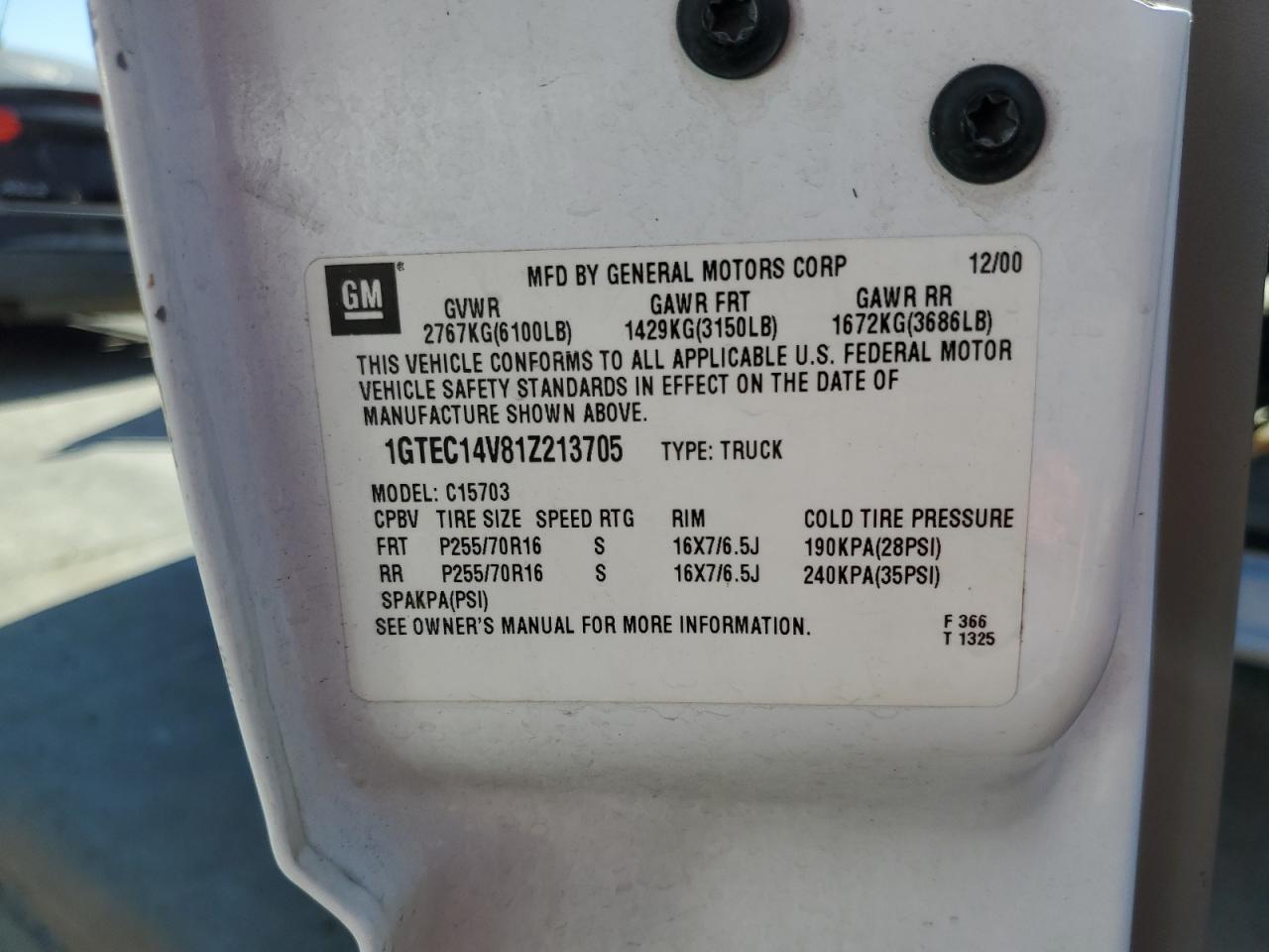 1GTEC14V81Z213705 2001 GMC New Sierra C1500