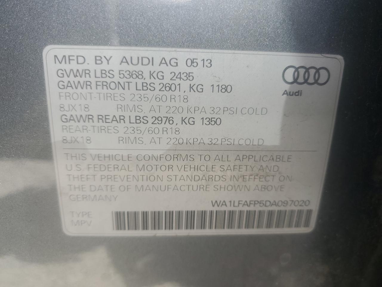 WA1LFAFP5DA097020 2013 Audi Q5 Premium Plus