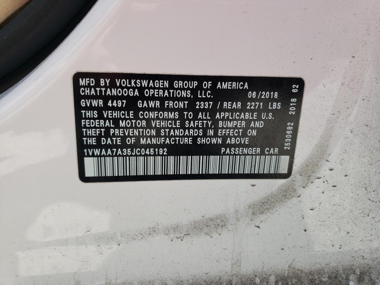 1VWAA7A35JC045192 2018 Volkswagen Passat S