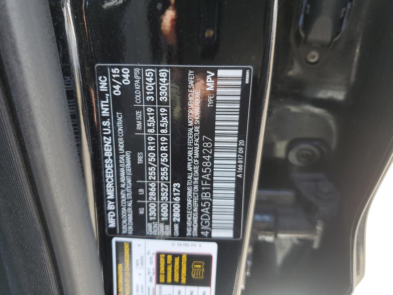 4JGDA5JB1FA584287 2015 Mercedes-Benz Ml 350