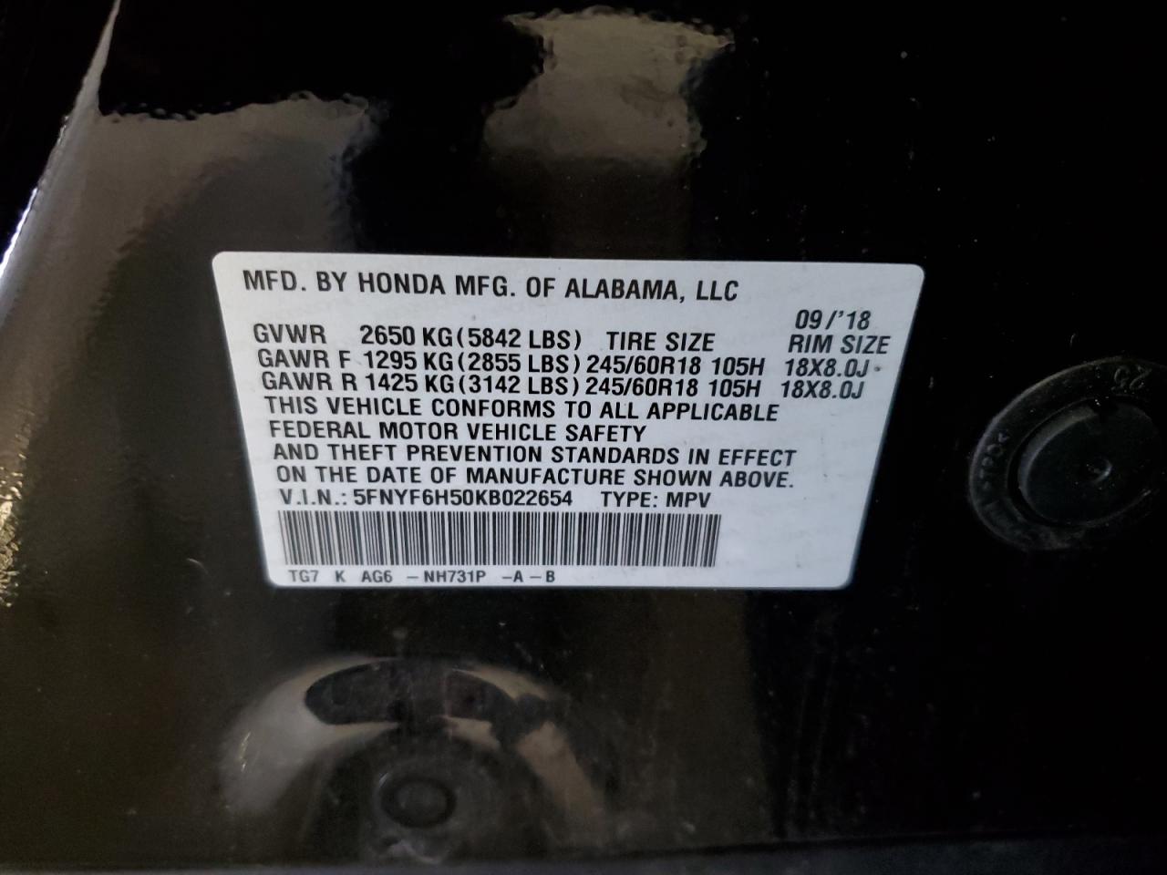 5FNYF6H50KB022654 2019 Honda Pilot Exl