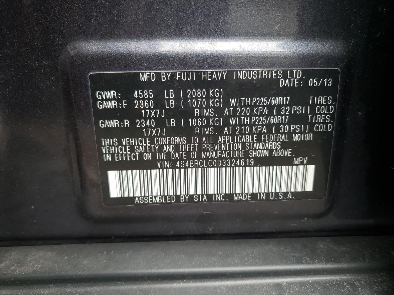 4S4BRCLC0D3324619 2013 Subaru Outback 2.5I Limited