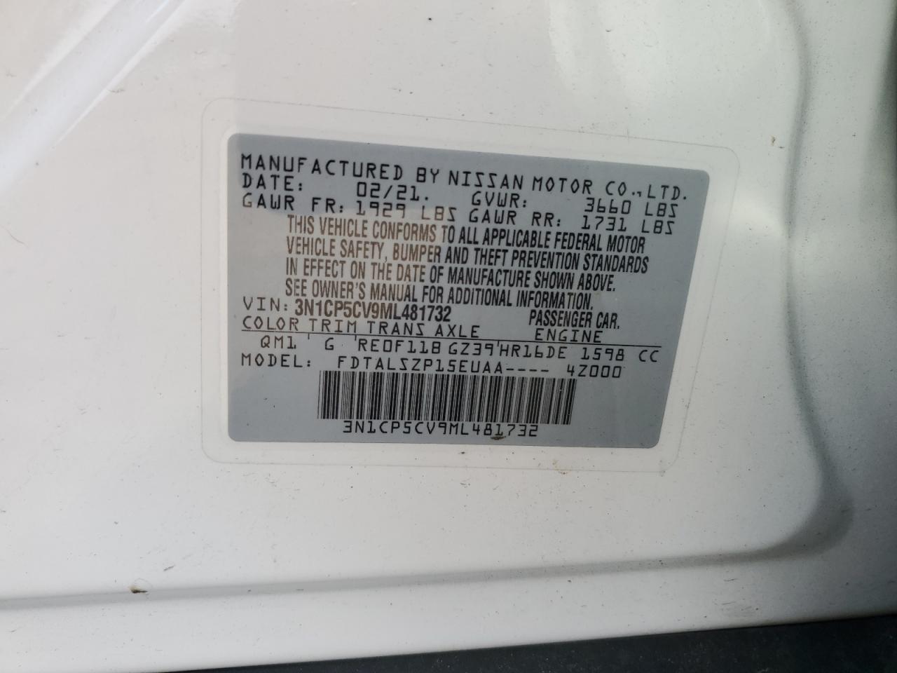 3N1CP5CV9ML481732 2021 Nissan Kicks Sv