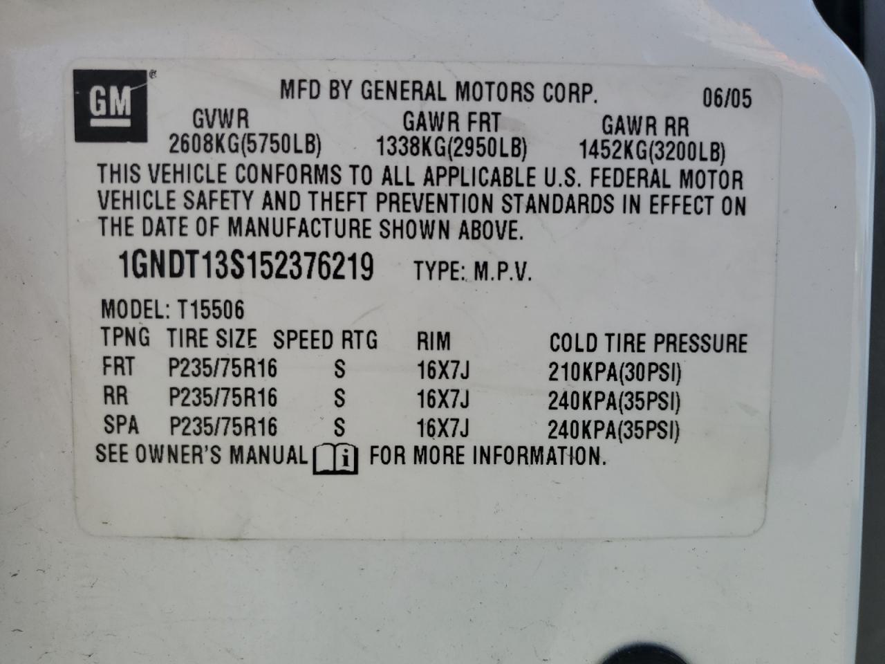 1GNDT13S152376219 2005 Chevrolet Trailblazer Ls