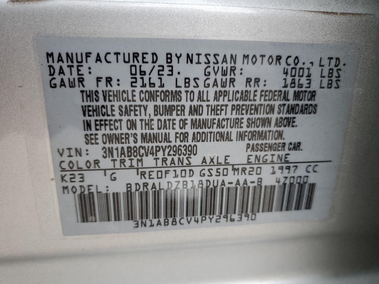 2023 Nissan Sentra Sv vin: 3N1AB8CV4PY296390