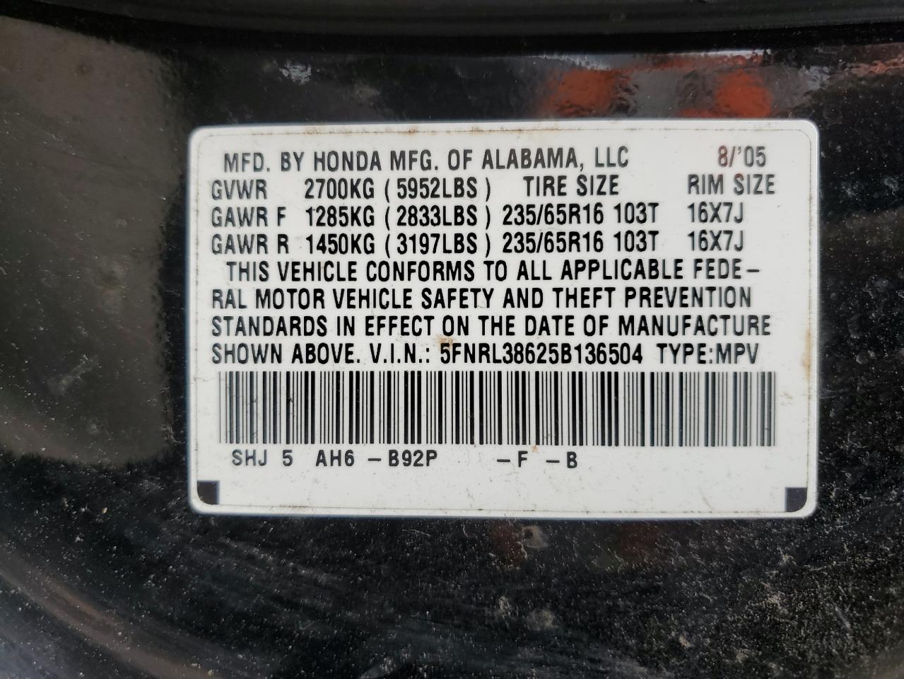 5FNRL38625B136504 2005 Honda Odyssey Exl