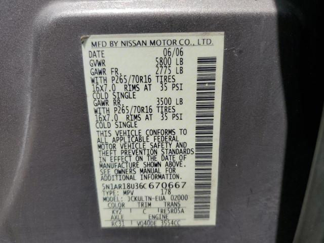 2006 Nissan Pathfinder Le VIN: 5N1AR18U36C670667 Lot: 57864474