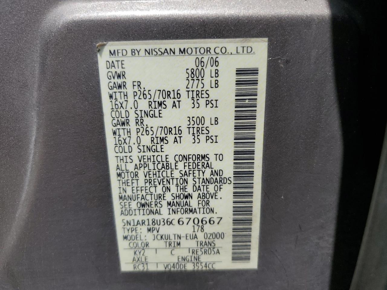 5N1AR18U36C670667 2006 Nissan Pathfinder Le