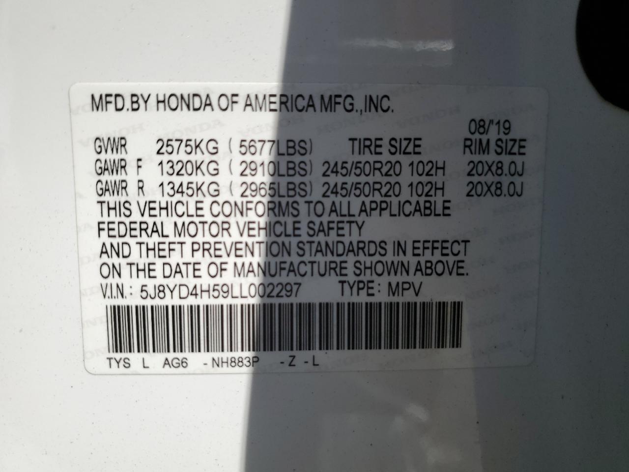 5J8YD4H59LL002297 2020 Acura Mdx Technology