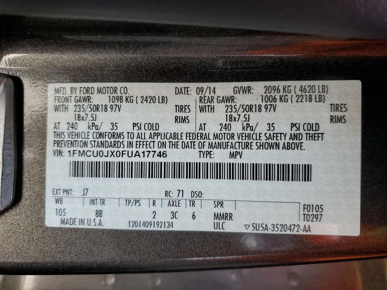 2015 Ford Escape Titanium vin: 1FMCU0JX0FUA17746