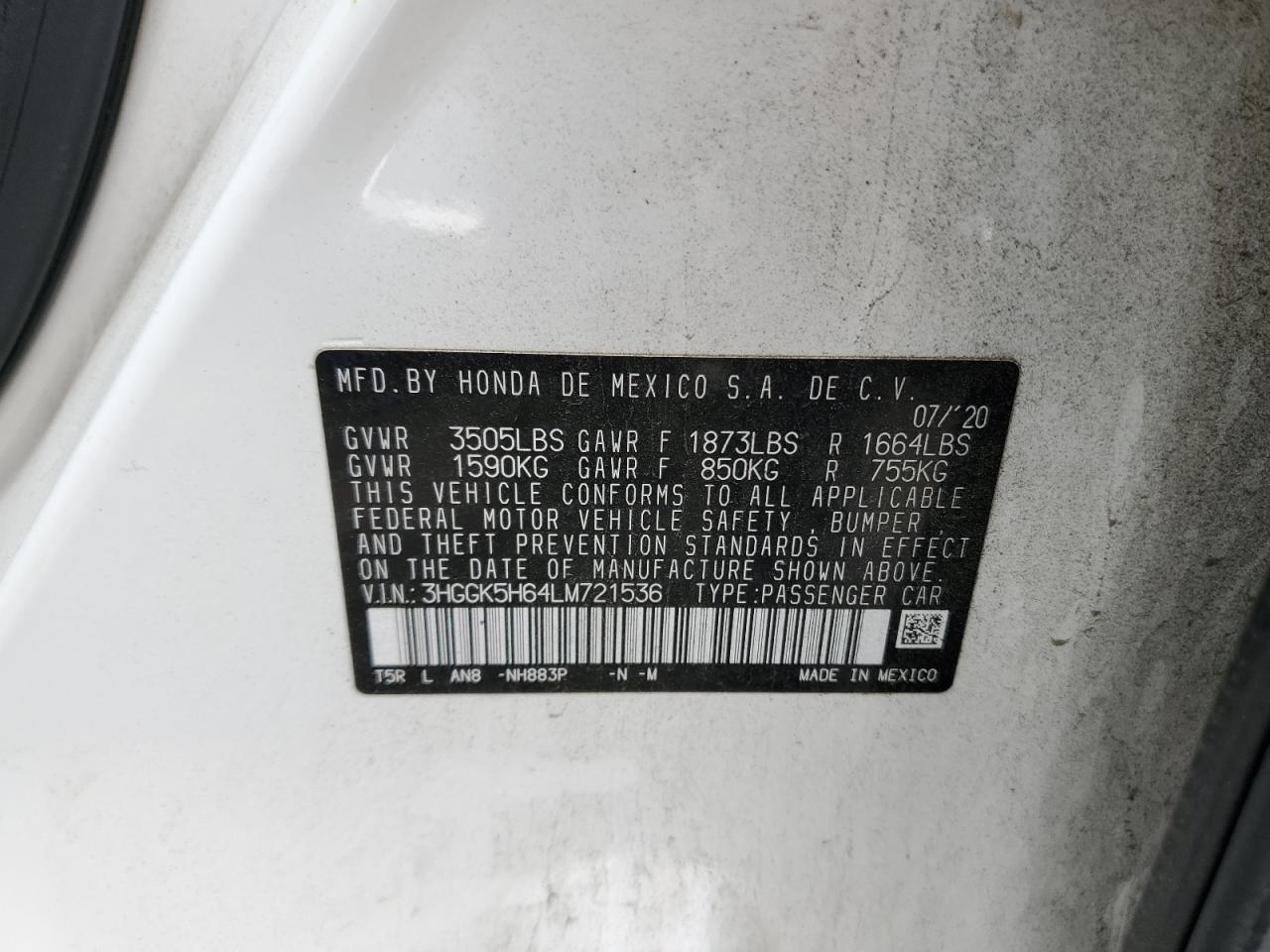 3HGGK5H64LM721536 2020 Honda Fit Sport