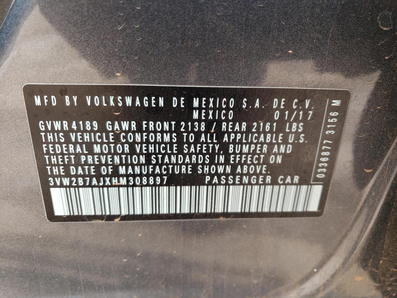 3VW2B7AJXHM308897 2017 Volkswagen Jetta S