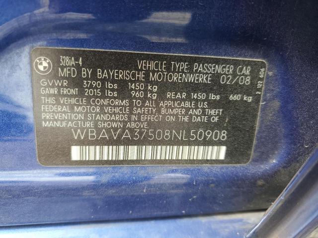 2008 BMW 328 I VIN: WBAVA37508NL50908 Lot: 59826034