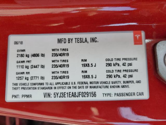 2018 Tesla Model 3 VIN: 5YJ3E1EA8JF029156 Lot: 58130984