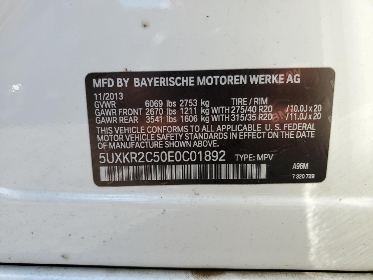 5UXKR2C50E0C01892 2014 BMW X5 Sdrive35I