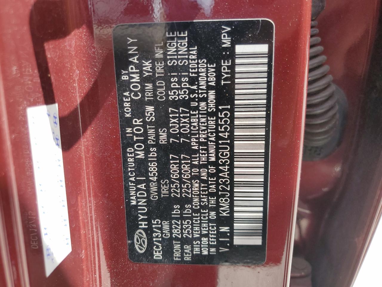 KM8J23A43GU145551 2016 Hyundai Tucson Se