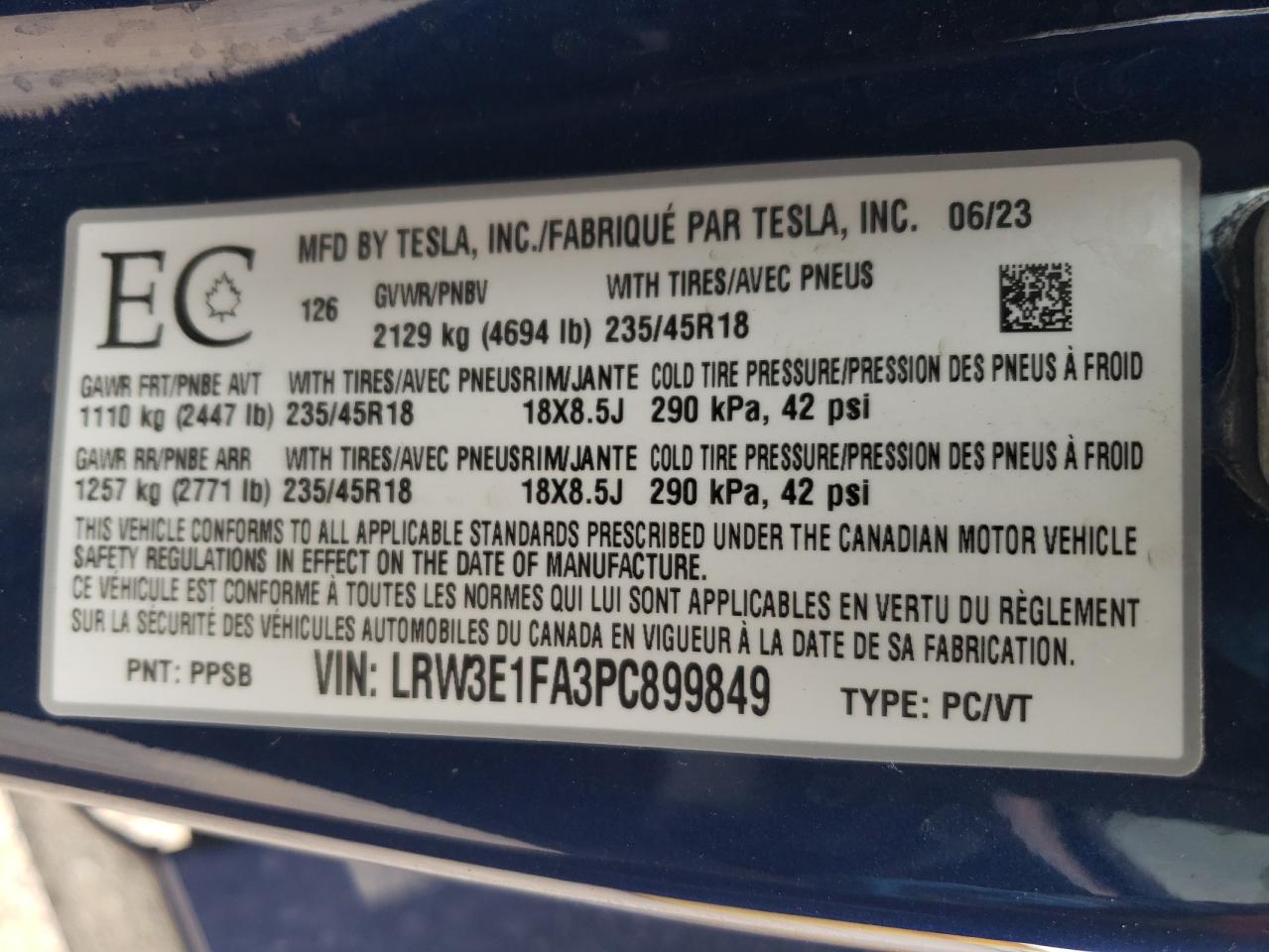 LRW3E1FA3PC899849 2023 Tesla Model 3