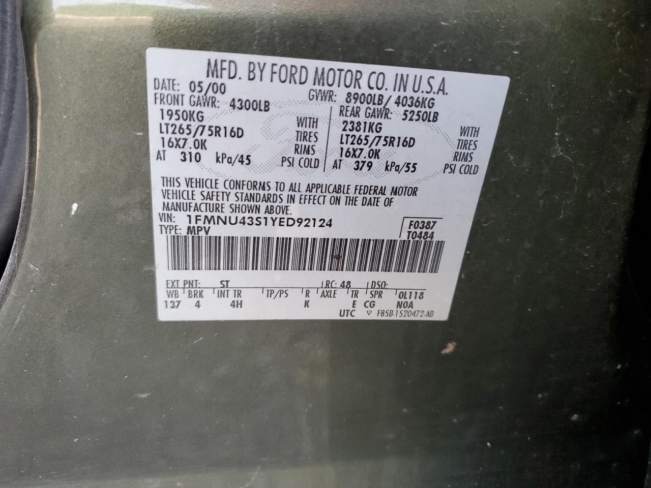 1FMNU43S1YED92124 2000 Ford Excursion Limited