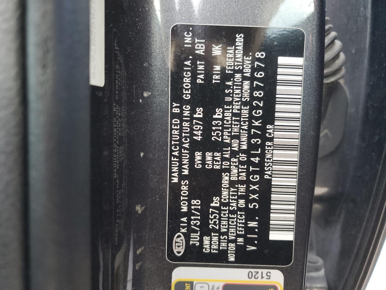 5XXGT4L37KG287678 2019 Kia Optima Lx