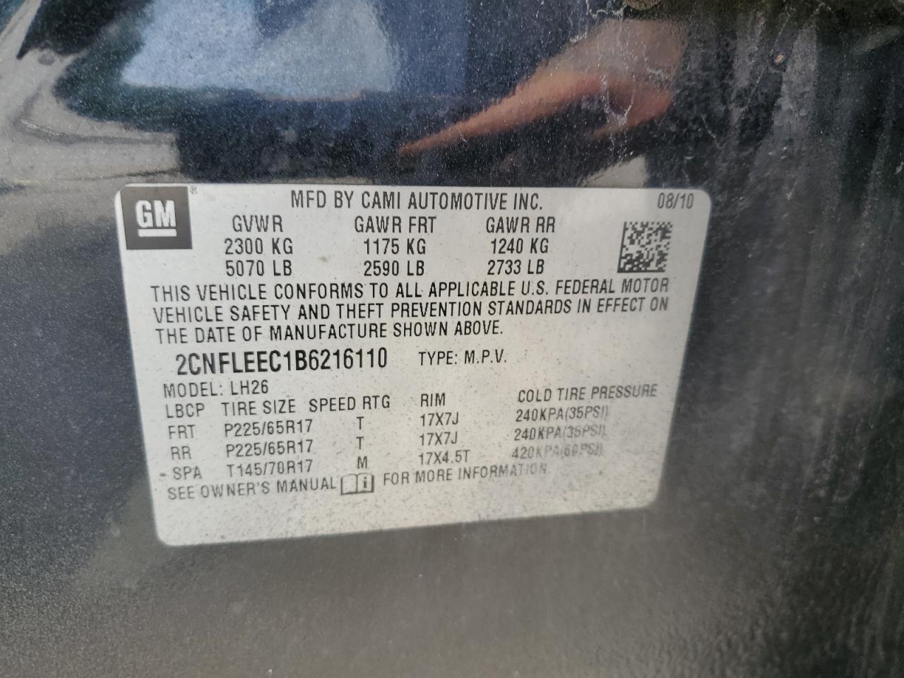 2CNFLEEC1B6216110 2011 Chevrolet Equinox Lt