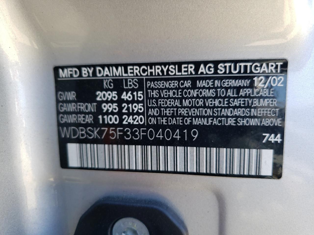 WDBSK75F33F040419 2003 Mercedes-Benz Sl 500R