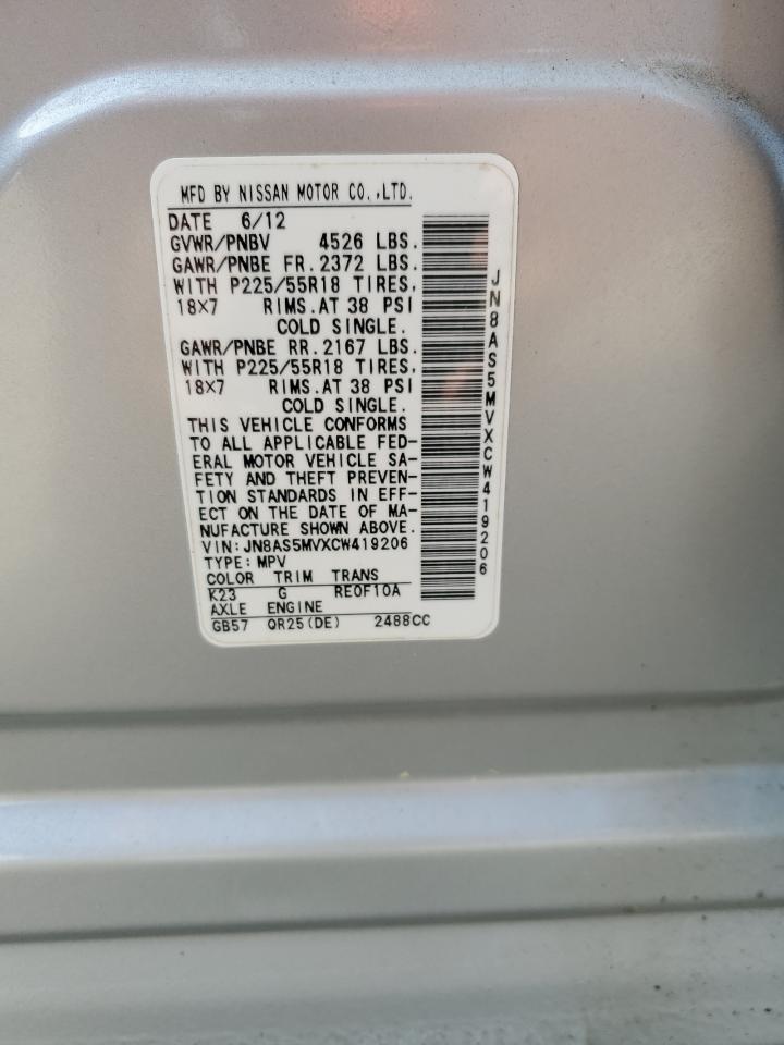 JN8AS5MVXCW419206 2012 Nissan Rogue S