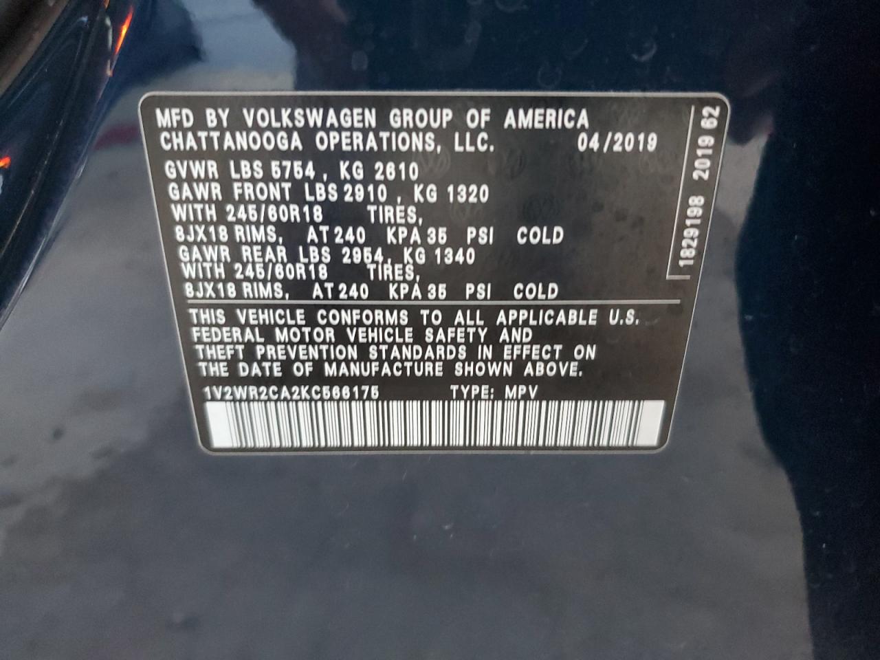 1V2WR2CA2KC566175 2019 Volkswagen Atlas Se