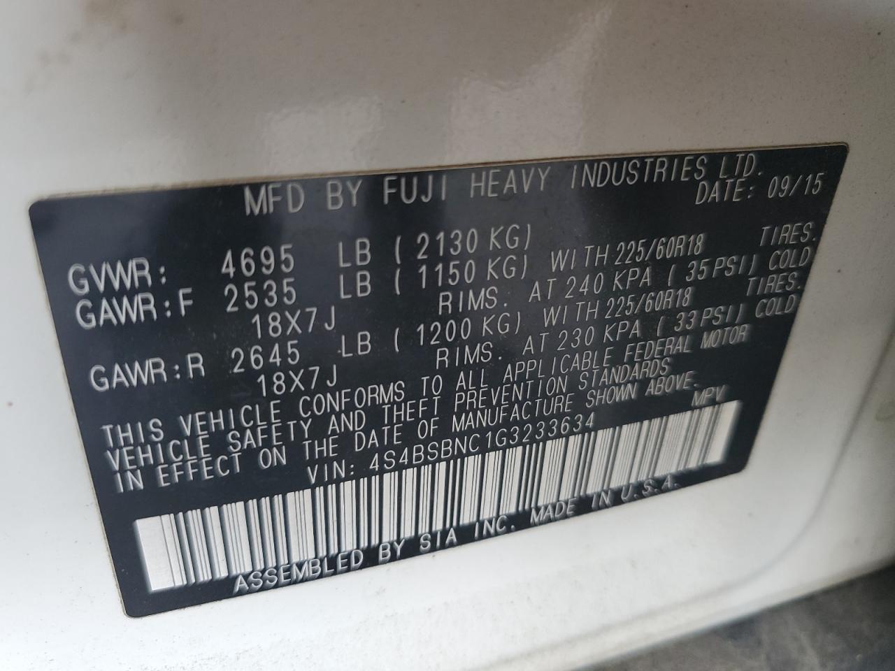 4S4BSBNC1G3233634 2016 Subaru Outback 2.5I Limited