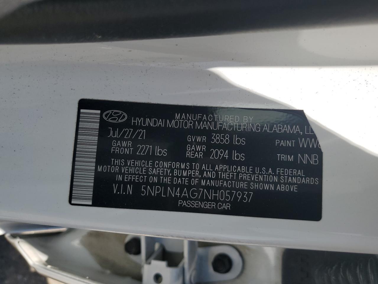 5NPLN4AG7NH057937 2022 Hyundai Elantra Sel
