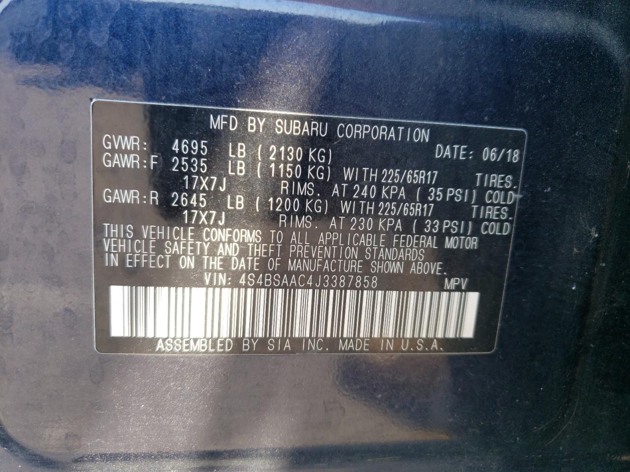 4S4BSAAC4J3387858 2018 Subaru Outback 2.5I