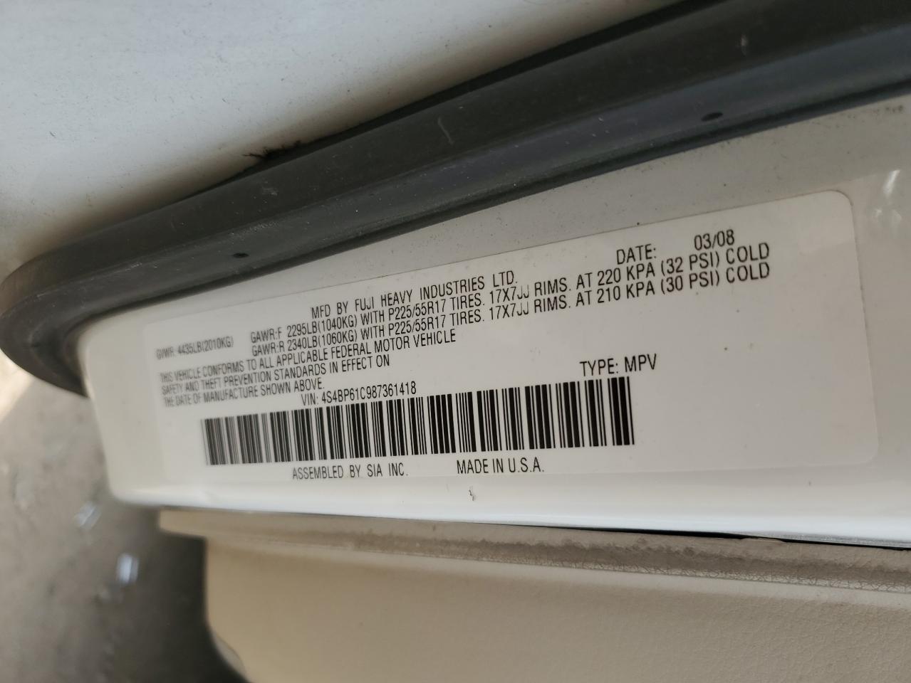 4S4BP61C987361418 2008 Subaru Outback 2.5I