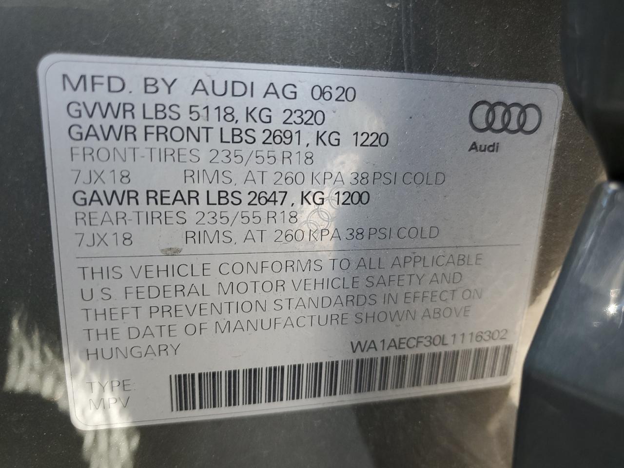 WA1AECF30L1116302 2020 Audi Q3 Premium