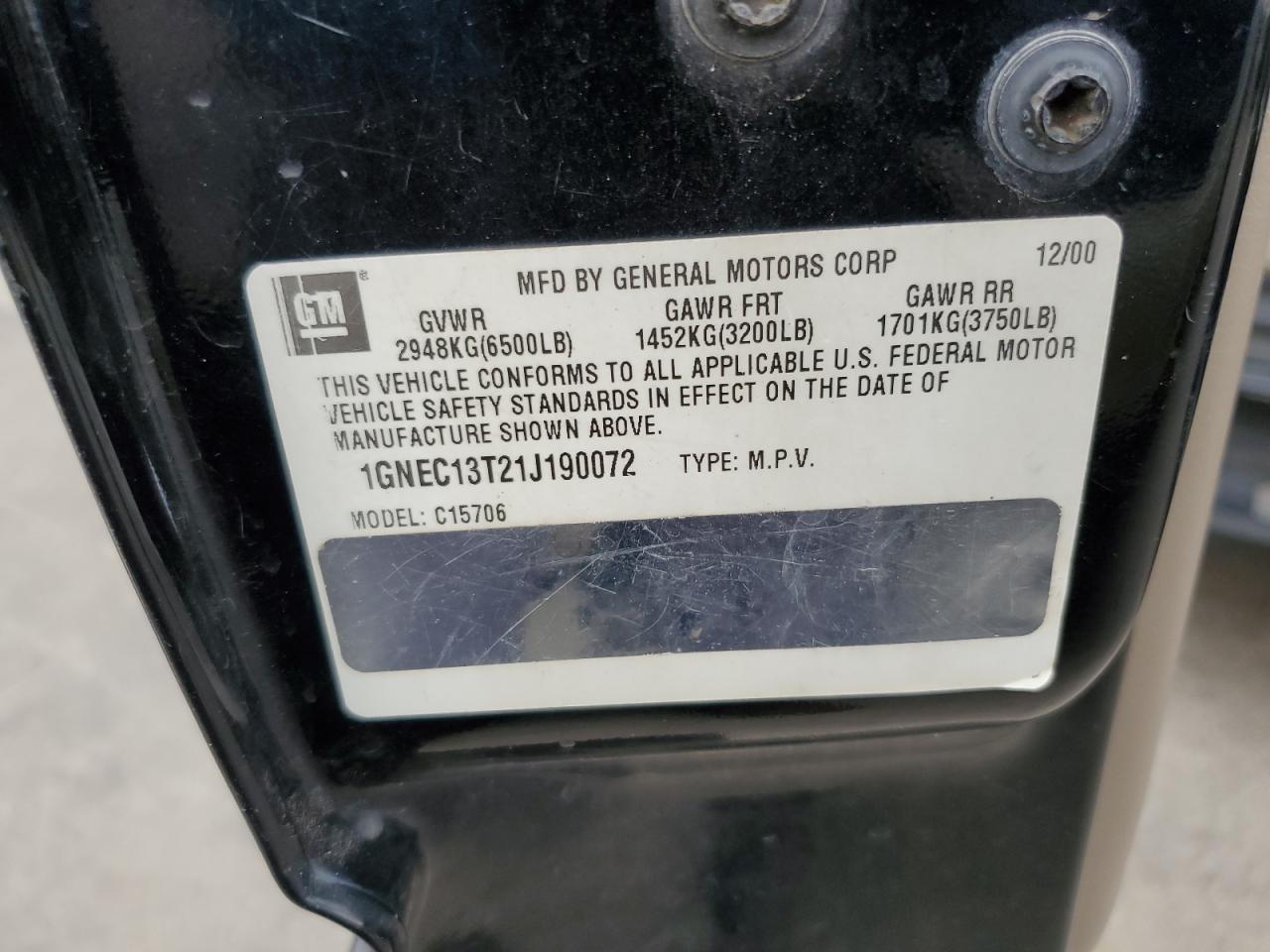 1GNEC13T21J190072 2001 Chevrolet Tahoe C1500