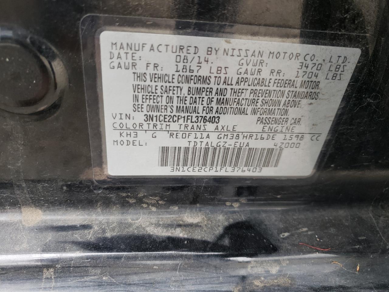 3N1CE2CP1FL376403 2015 Nissan Versa Note S