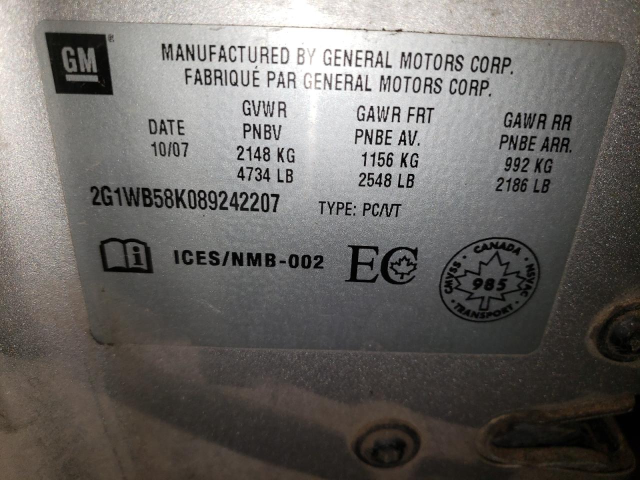 2G1WB58K089242207 2008 Chevrolet Impala Ls