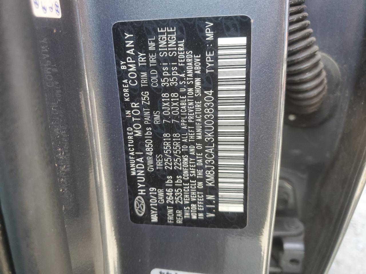 KM8J3CAL3KU038304 2019 Hyundai Tucson Limited