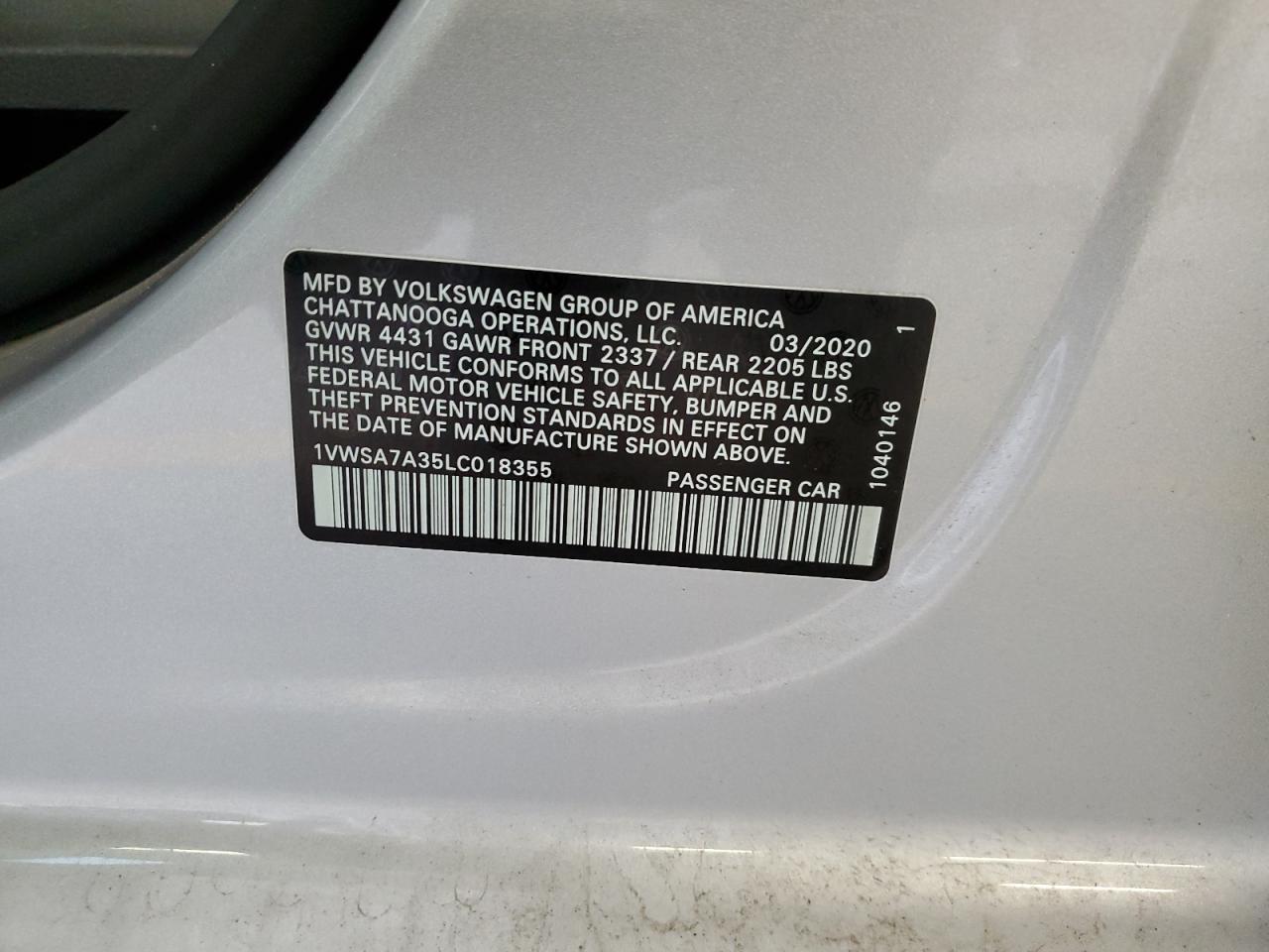 1VWSA7A35LC018355 2020 Volkswagen Passat Se